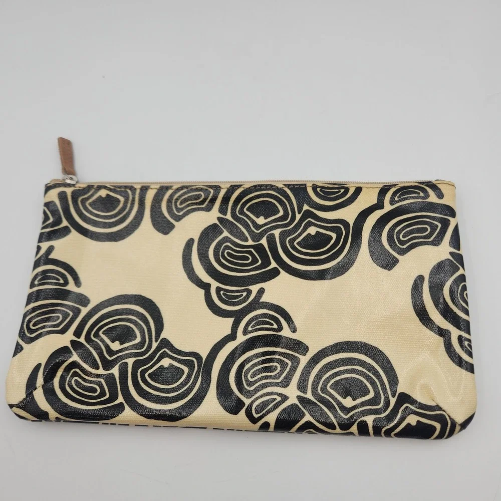 Fossil Key-Per Canvas Cosmetic Bag Zip Pouch‎ Cream Blue Graphic Print